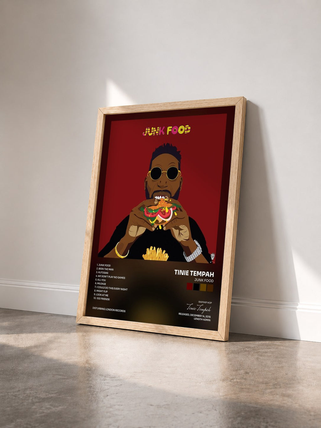 #bois Tableau de l'album Junk Food de Tinie Tempah vu de trois quarts, cadre en bois brut