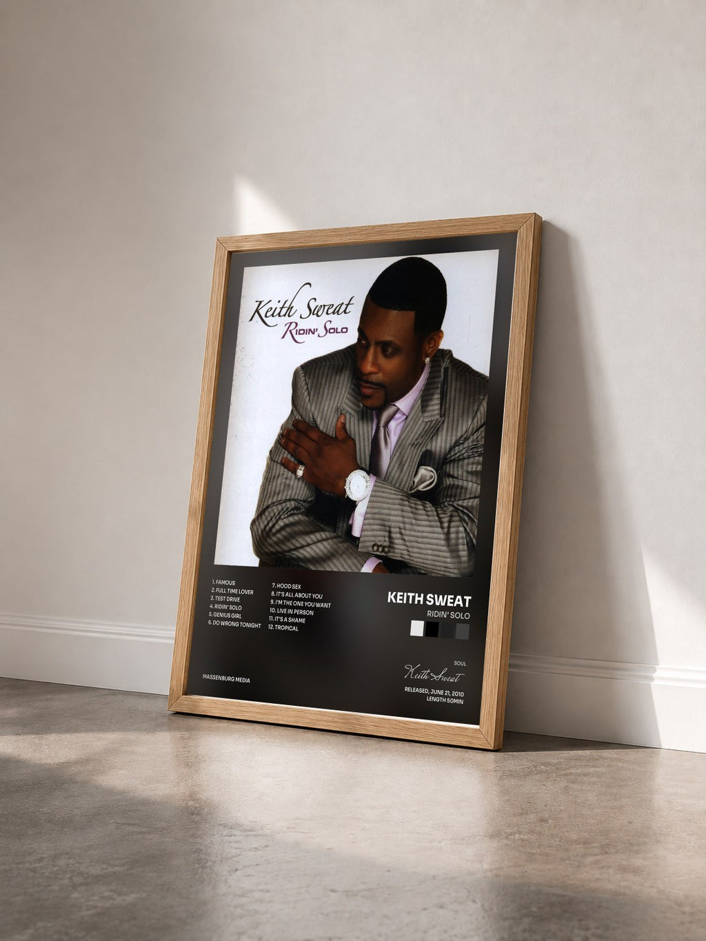 #bois Tableau de l'album Ridin' Solo de Keith Sweat vu de trois quarts, cadre en bois brut