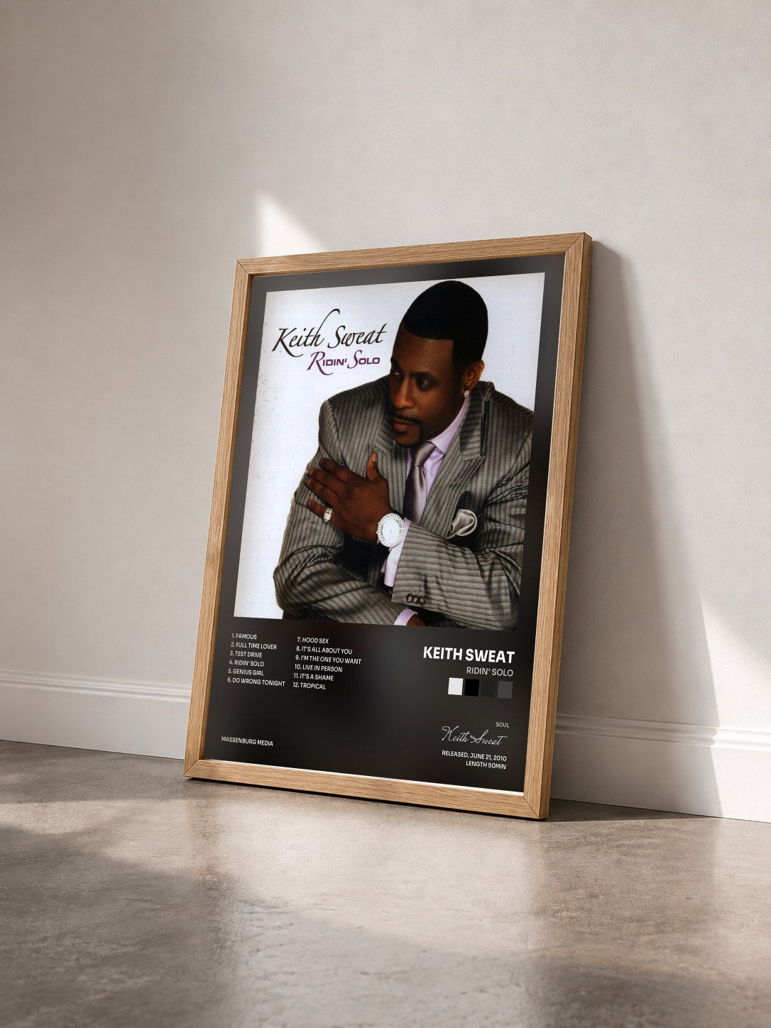 #bois Tableau de l'album Ridin' Solo de Keith Sweat vu de trois quarts, cadre en bois brut