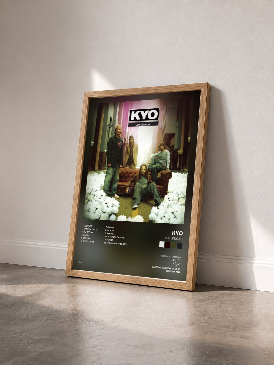 #bois Tableau de l'album 300 lésions de Kyo vu de trois quarts, cadre en bois brut