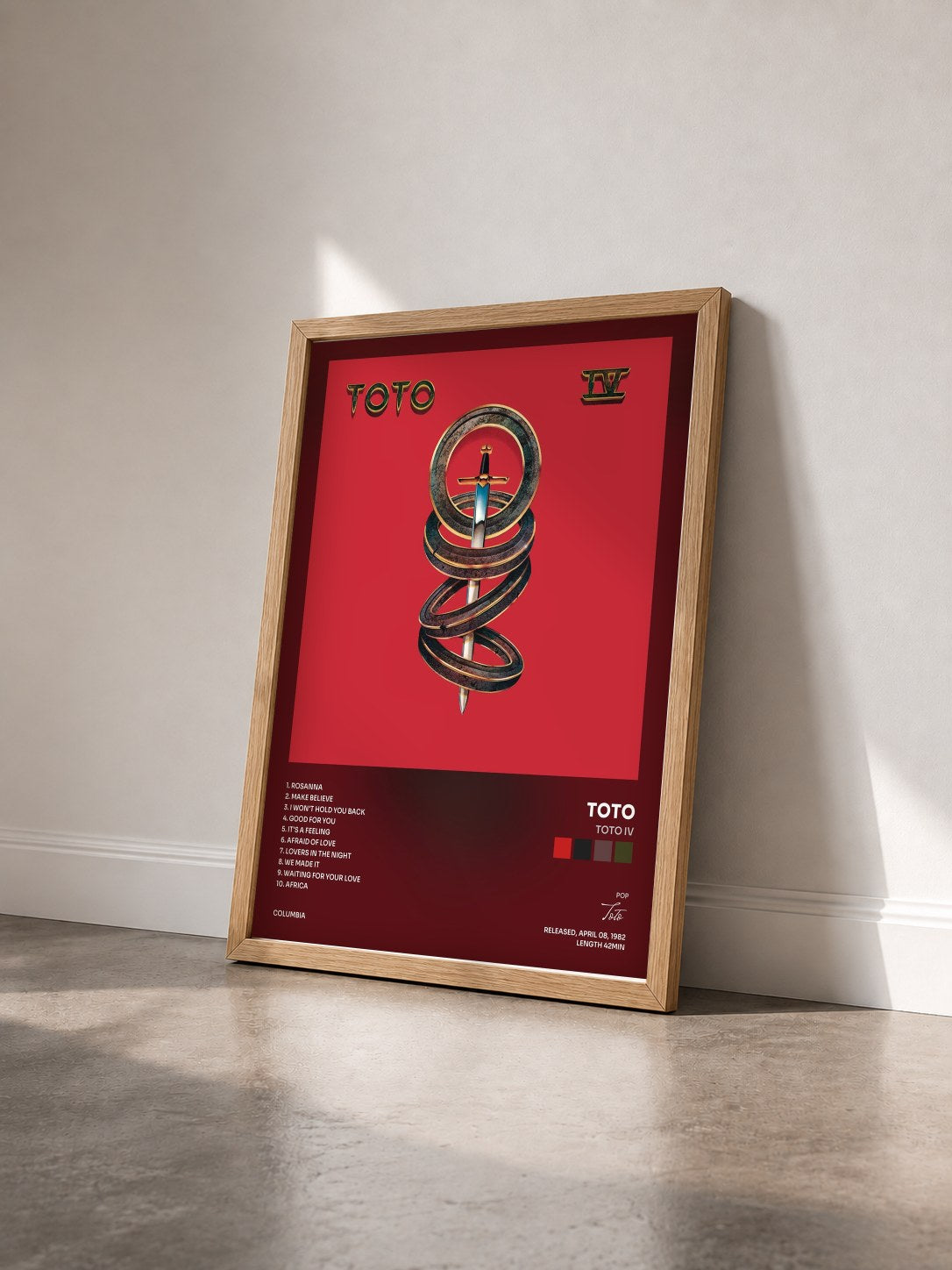 #bois Tableau de l'album Toto IV de Toto vu de trois quarts, cadre en bois brut
