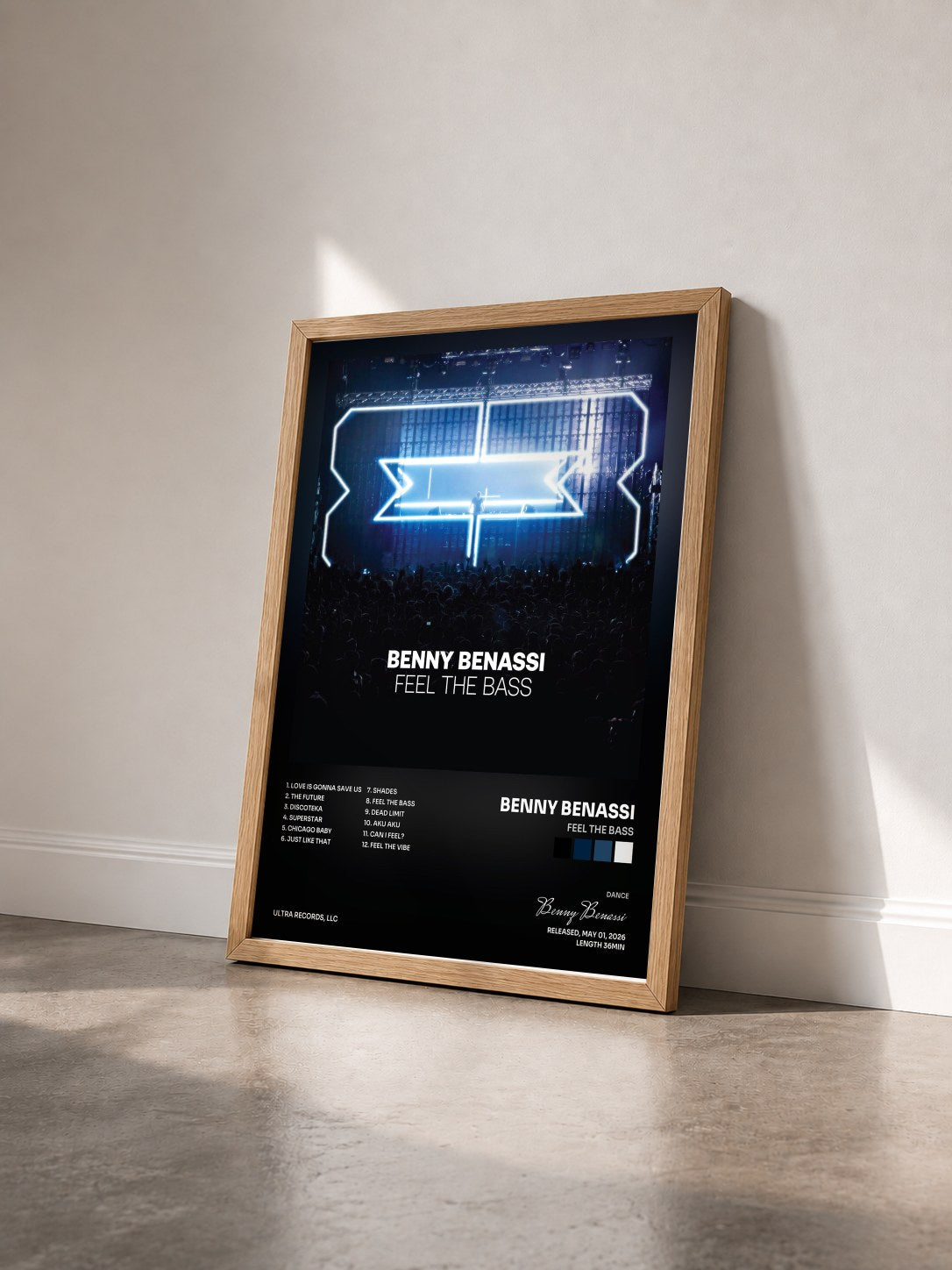 #bois Tableau de l'album Feel The Bass de Benny Benassi vu de trois quarts, cadre en bois brut