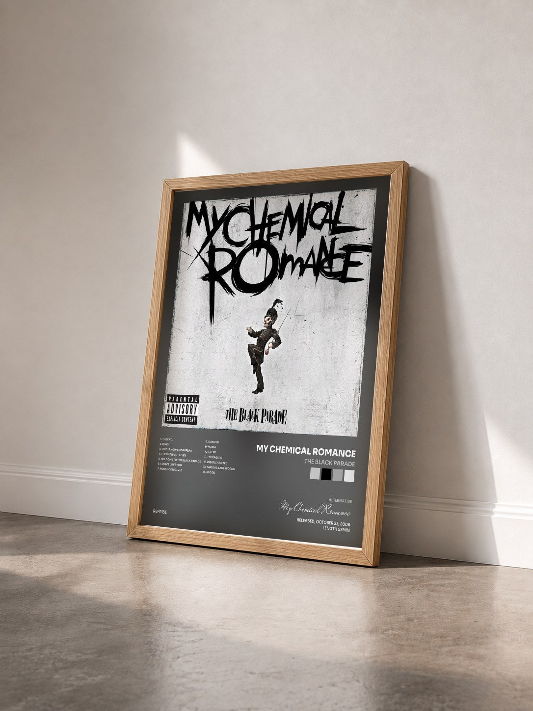 #bois Tableau de l'album The Black Parade de My Chemical Romance vu de trois quarts, cadre en bois brut