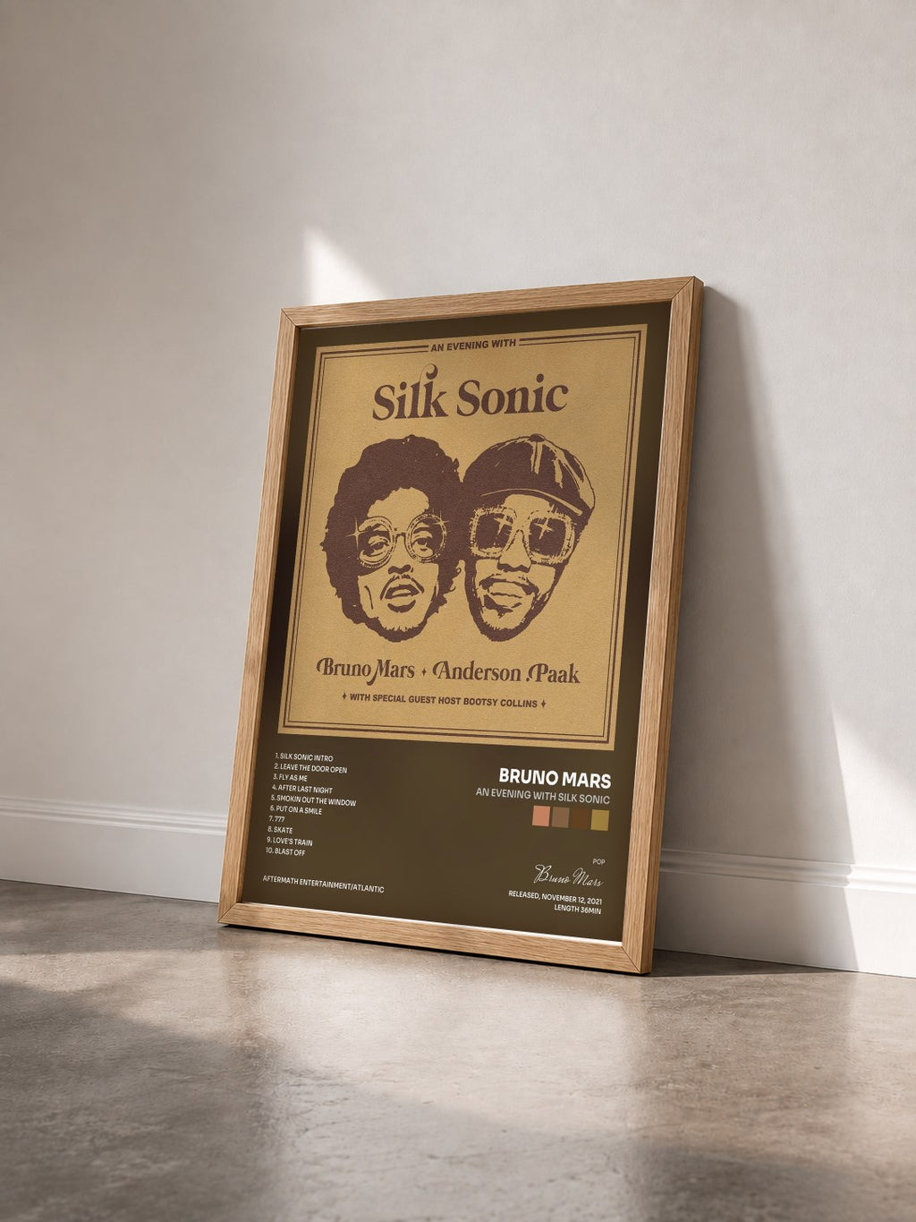 #bois Tableau de l'album An Evening With Silk Sonic de Bruno Mars vu de trois quarts, cadre en bois brut