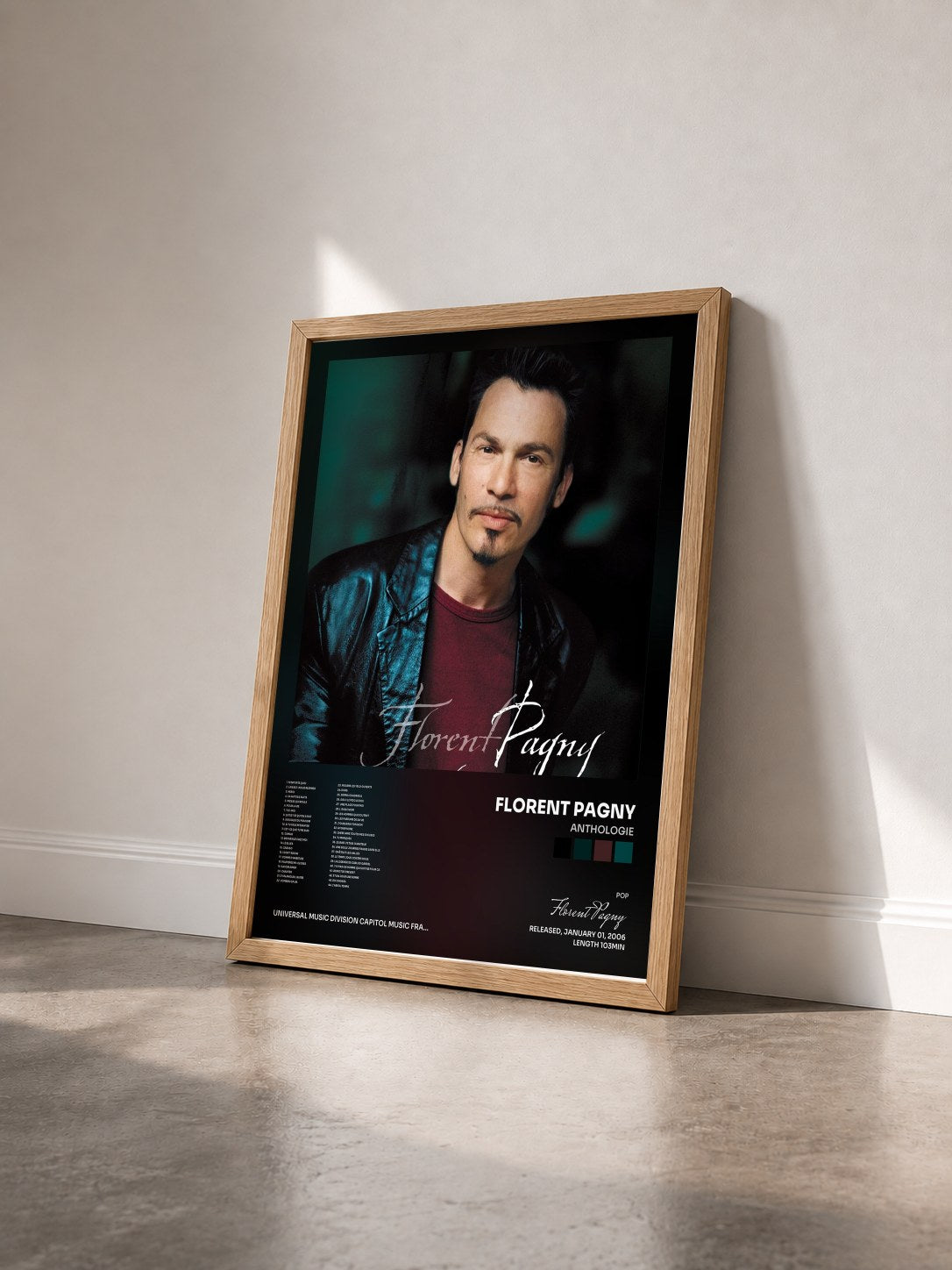 #bois Tableau de l'album Anthologie de Florent Pagny vu de trois quarts, cadre en bois brut