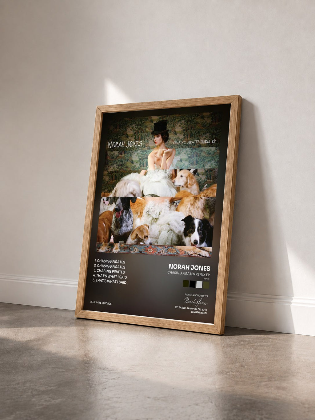 #bois Tableau de l'album Chasing Pirates Remix EP (Remix) de Norah Jones vu de trois quarts, cadre en bois brut