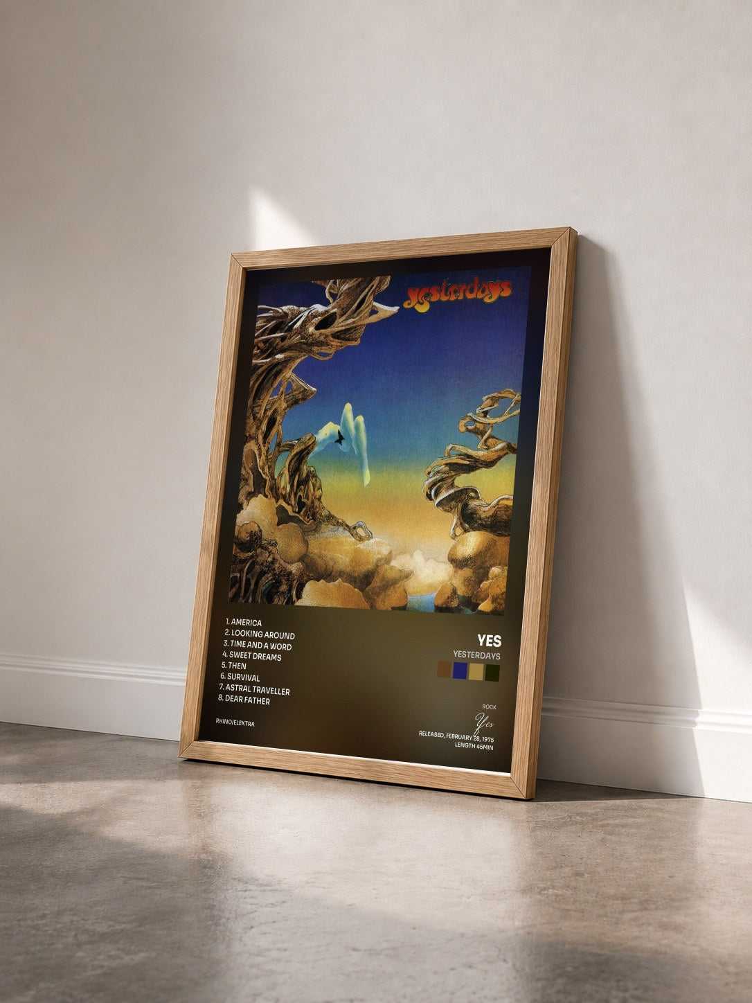 #bois Tableau de l'album Yesterdays de Yes vu de trois quarts, cadre en bois brut