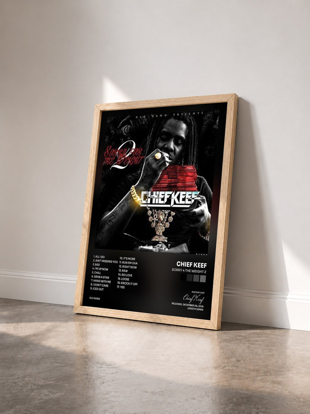 #bois Tableau de l'album Sorry 4 The Weight 2 de Chief Keef vu de trois quarts, cadre en bois brut