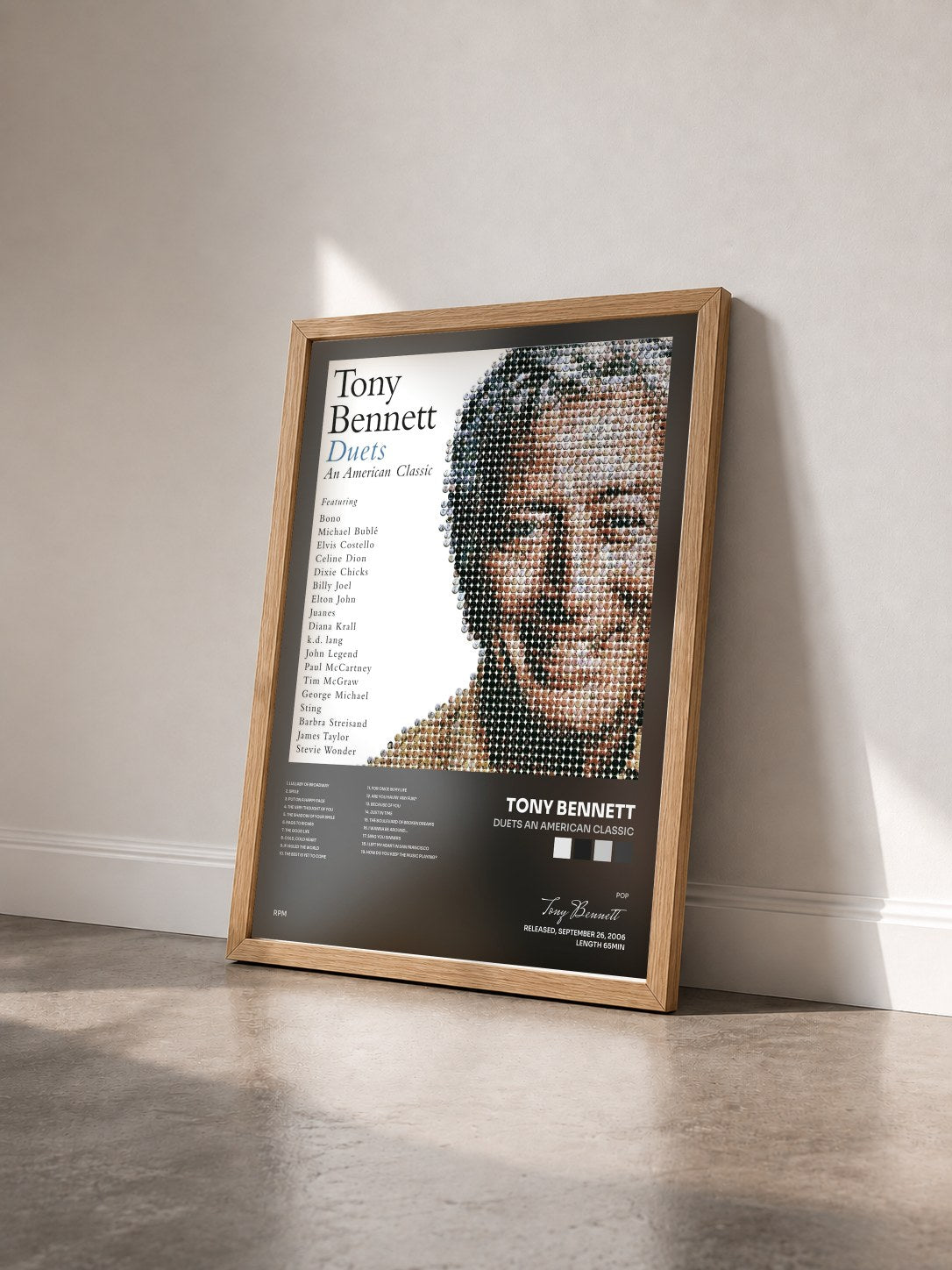 #bois Tableau de l'album Duets An American Classic de Tony Bennett vu de trois quarts, cadre en bois brut