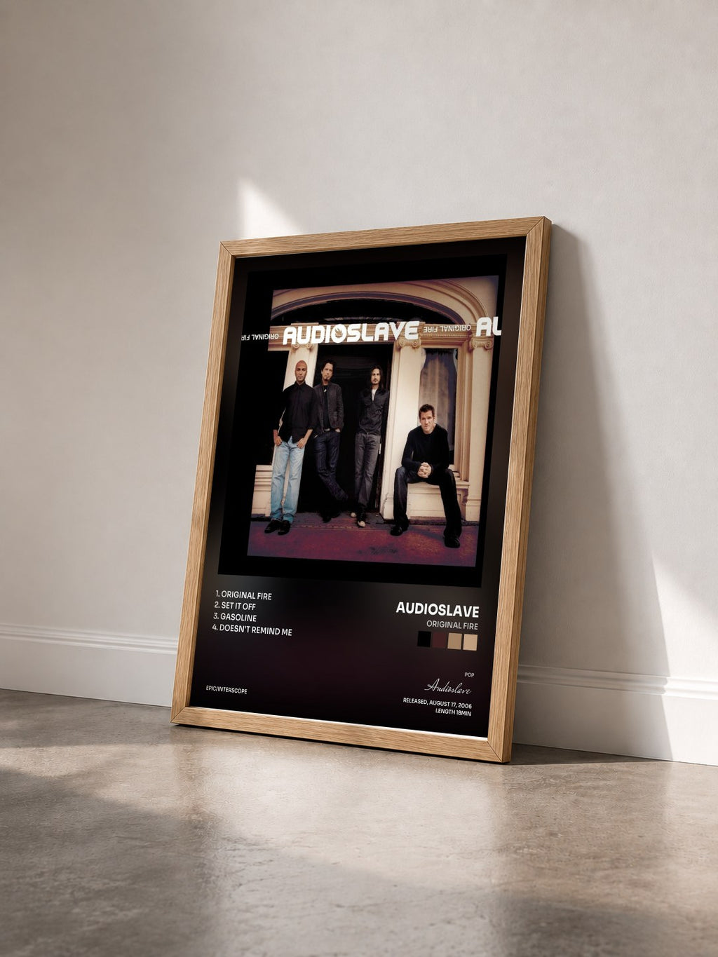 #bois Tableau de l'album Original Fire de Audioslave vu de trois quarts, cadre en bois brut