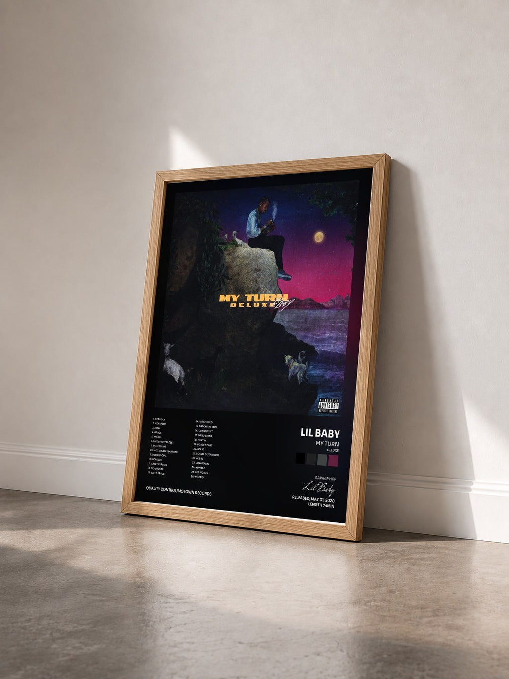 #bois Tableau de l'album My Turn (Deluxe) de Lil Baby vu de trois quarts, cadre en bois brut