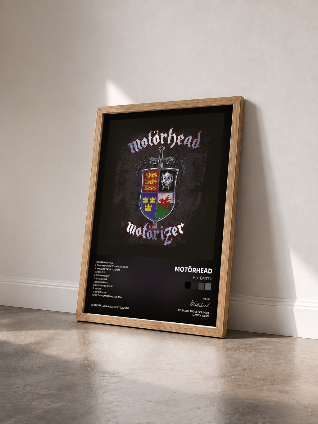 #bois Tableau de l'album Motörizer de Motörhead vu de trois quarts, cadre en bois brut