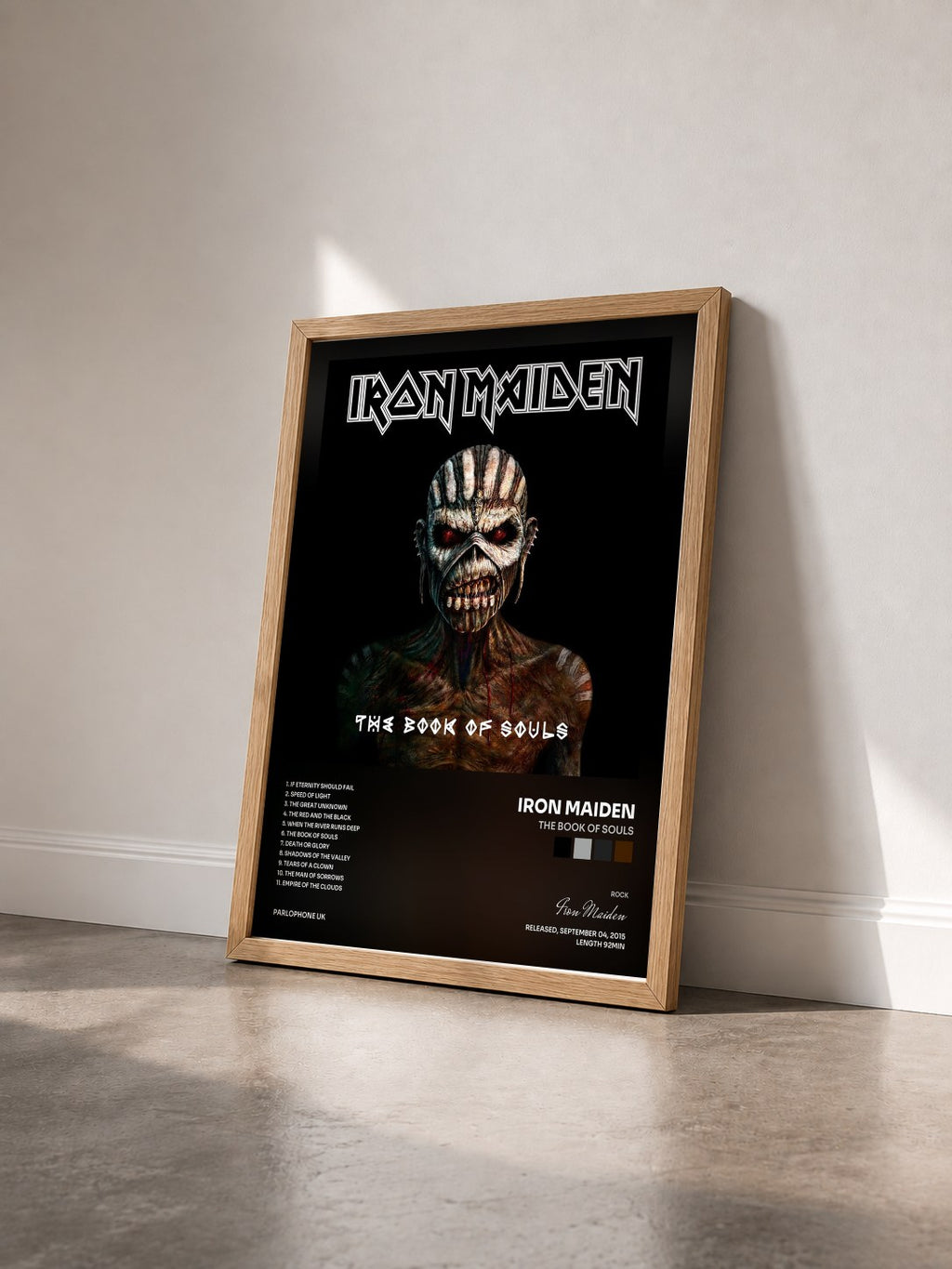 #bois Tableau de l'album The Book of Souls de Iron Maiden vu de trois quarts, cadre en bois brut