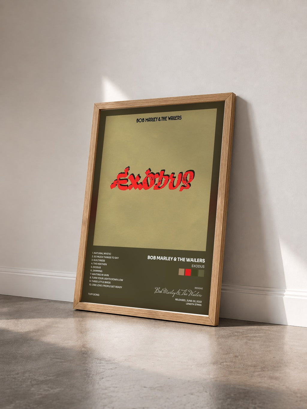 #bois Tableau de l'album Exodus de Bob Marley & The Wailers vu de trois quarts, cadre en bois brut