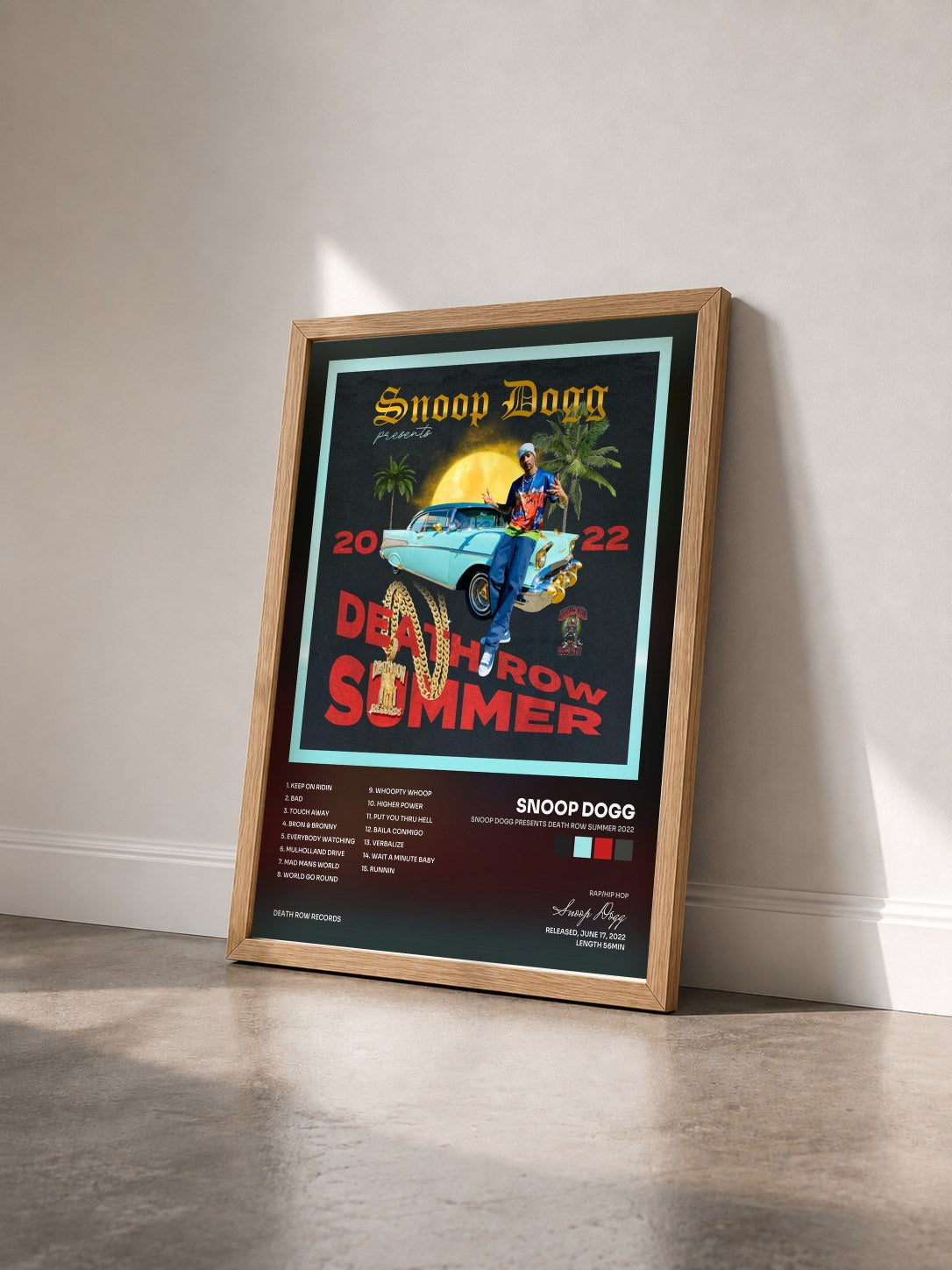 #bois Tableau de l'album Snoop Dogg Presents Death Row Summer 2022 de Snoop Dogg vu de trois quarts, cadre en bois brut