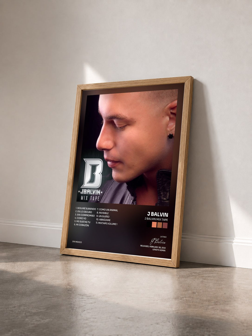 #bois Tableau de l'album J Balvin Mix Tape de J Balvin vu de trois quarts, cadre en bois brut