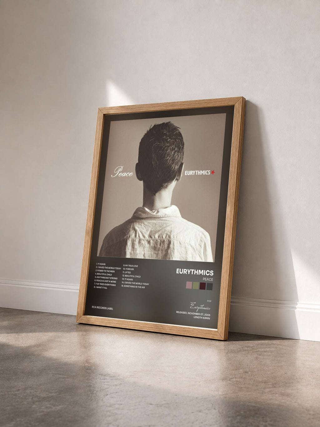 #bois Tableau de l'album Peace de Eurythmics vu de trois quarts, cadre en bois brut