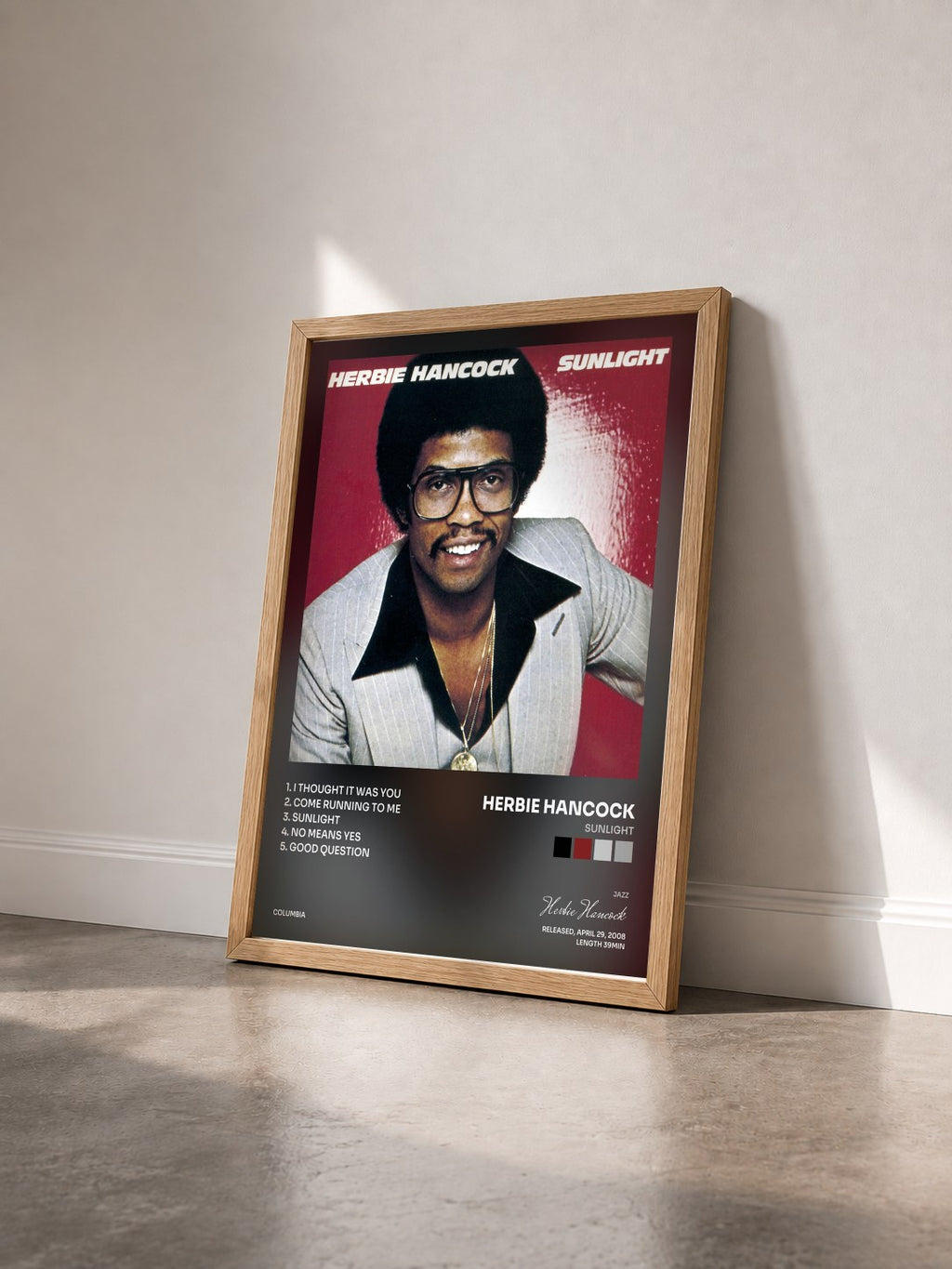 #bois Tableau de l'album Sunlight de Herbie Hancock vu de trois quarts, cadre en bois brut