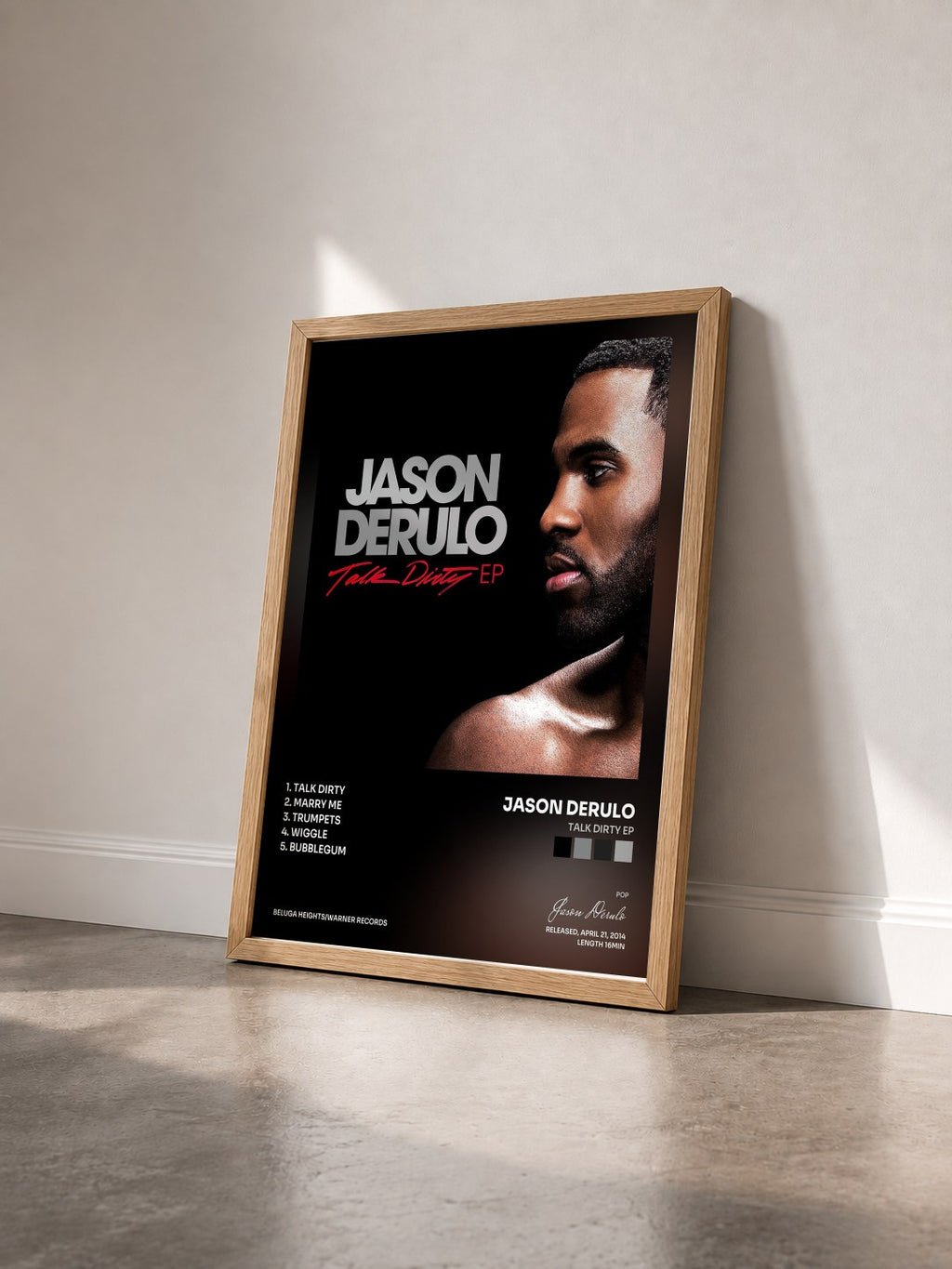 #bois Tableau de l'album Talk Dirty EP de Jason Derulo vu de trois quarts, cadre en bois brut