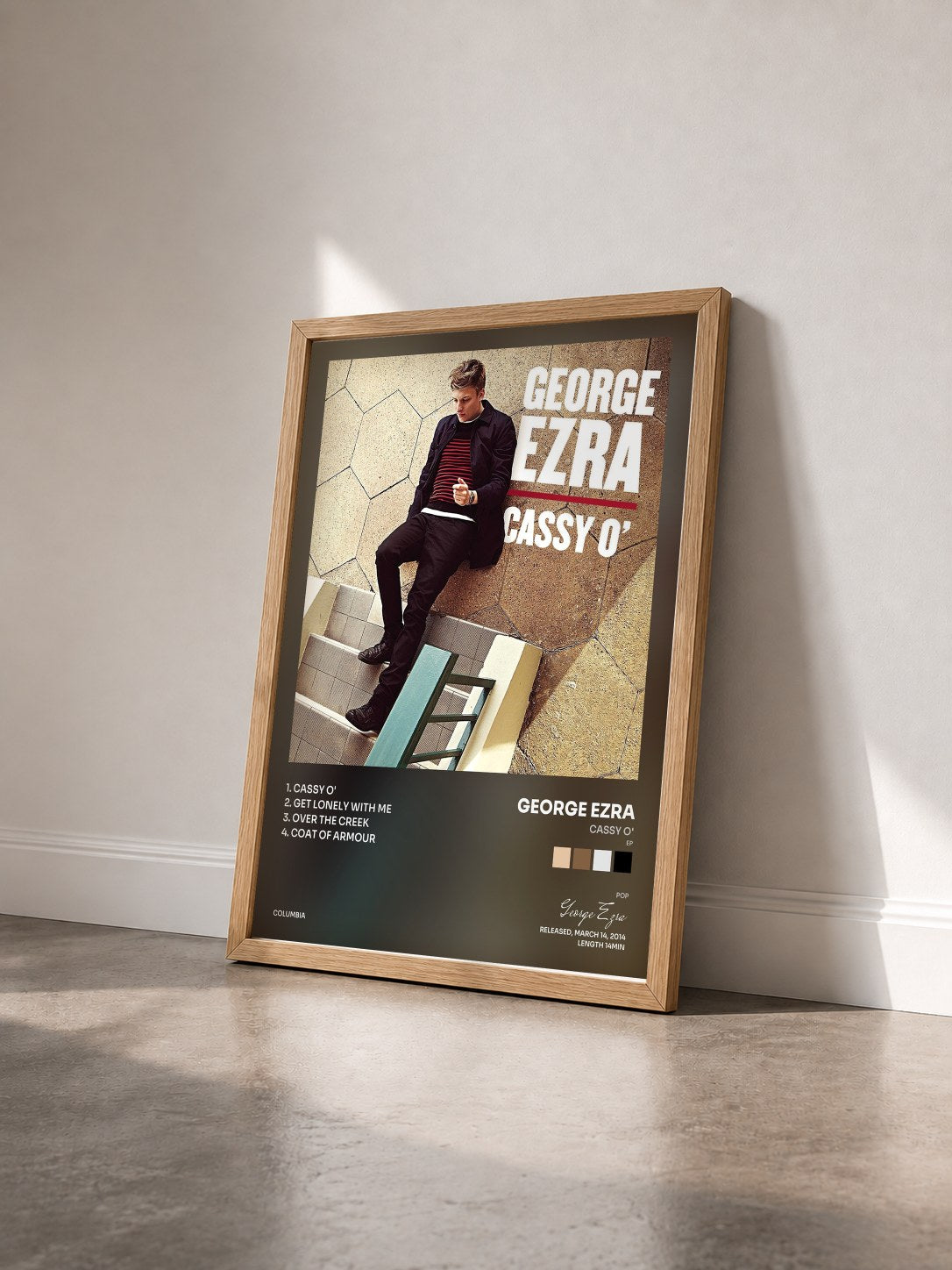 #bois Tableau de l'album Cassy O' (EP) de George Ezra vu de trois quarts, cadre en bois brut