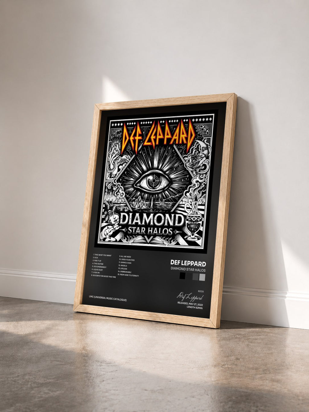 #bois Tableau de l'album Diamond Star Halos de Def Leppard vu de trois quarts, cadre en bois brut