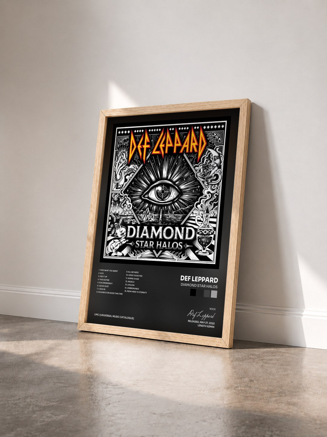 #bois Tableau de l'album Diamond Star Halos de Def Leppard vu de trois quarts, cadre en bois brut