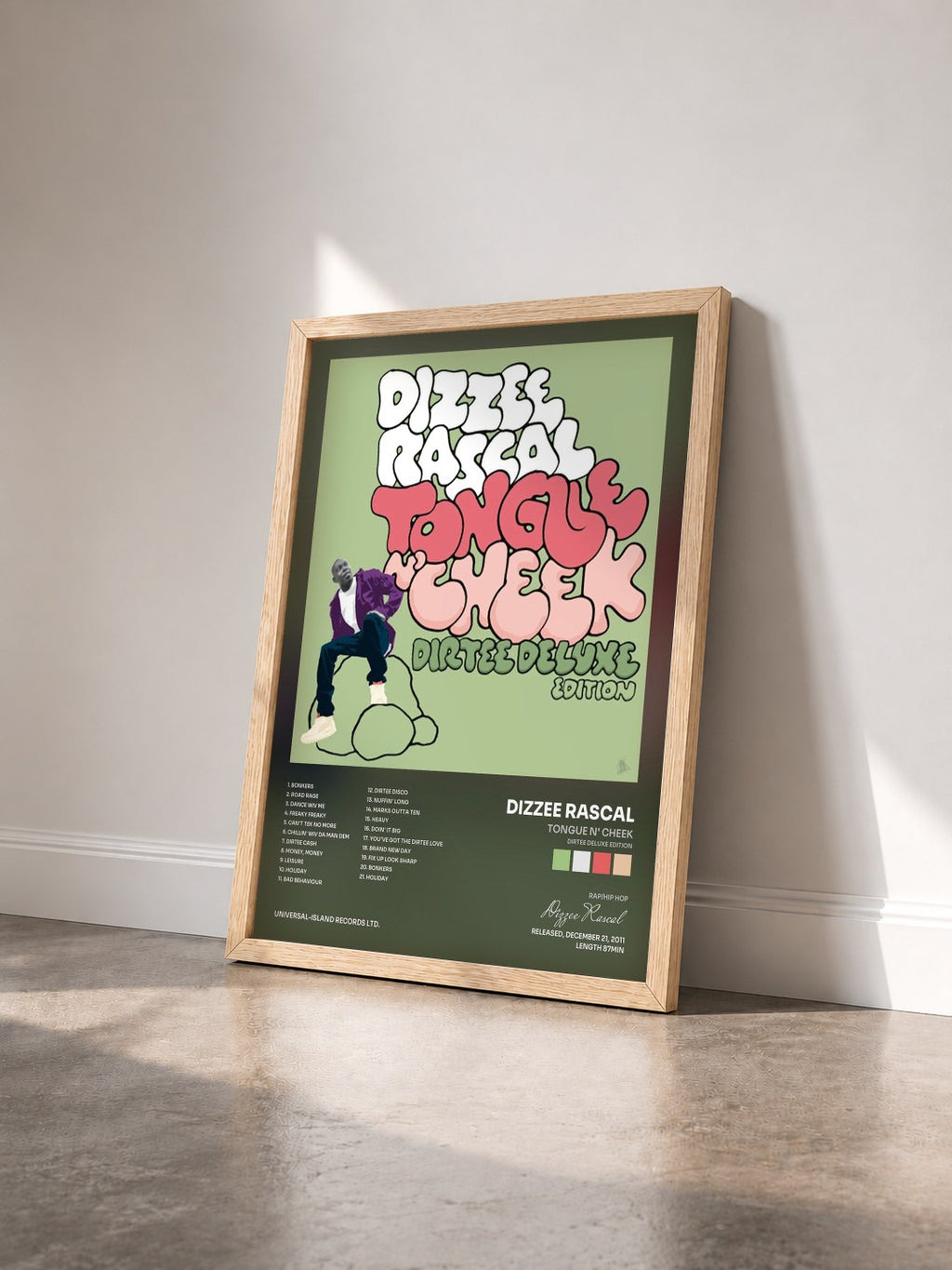 #bois Tableau de l'album Tongue N' Cheek (Dirtee Deluxe Edition) de Dizzee Rascal vu de trois quarts, cadre en bois brut