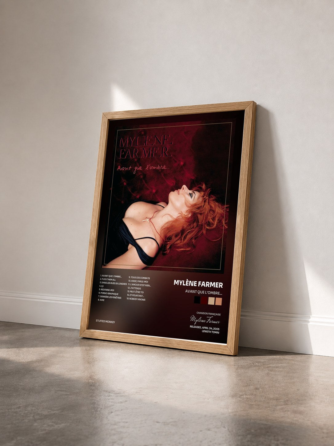 #bois Tableau de l'album Avant que l'ombre... de Mylène Farmer vu de trois quarts, cadre en bois brut
