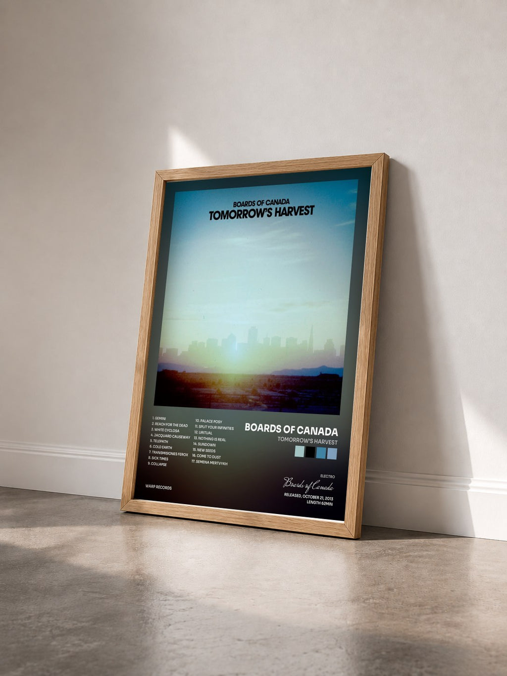 #bois Tableau de l'album Tomorrow's Harvest de Boards of Canada vu de trois quarts, cadre en bois brut