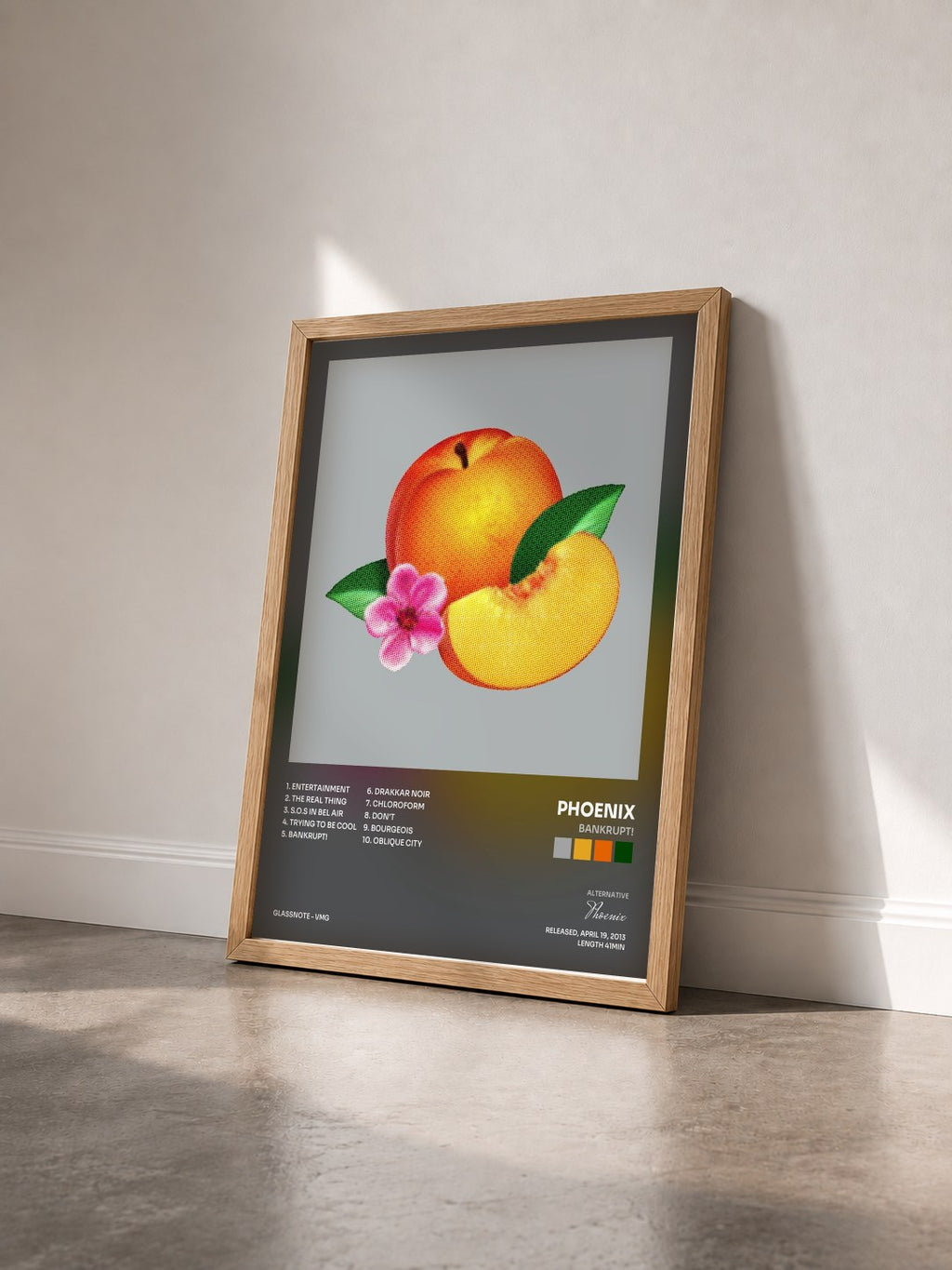 #bois Tableau de l'album Bankrupt! de Phoenix vu de trois quarts, cadre en bois brut