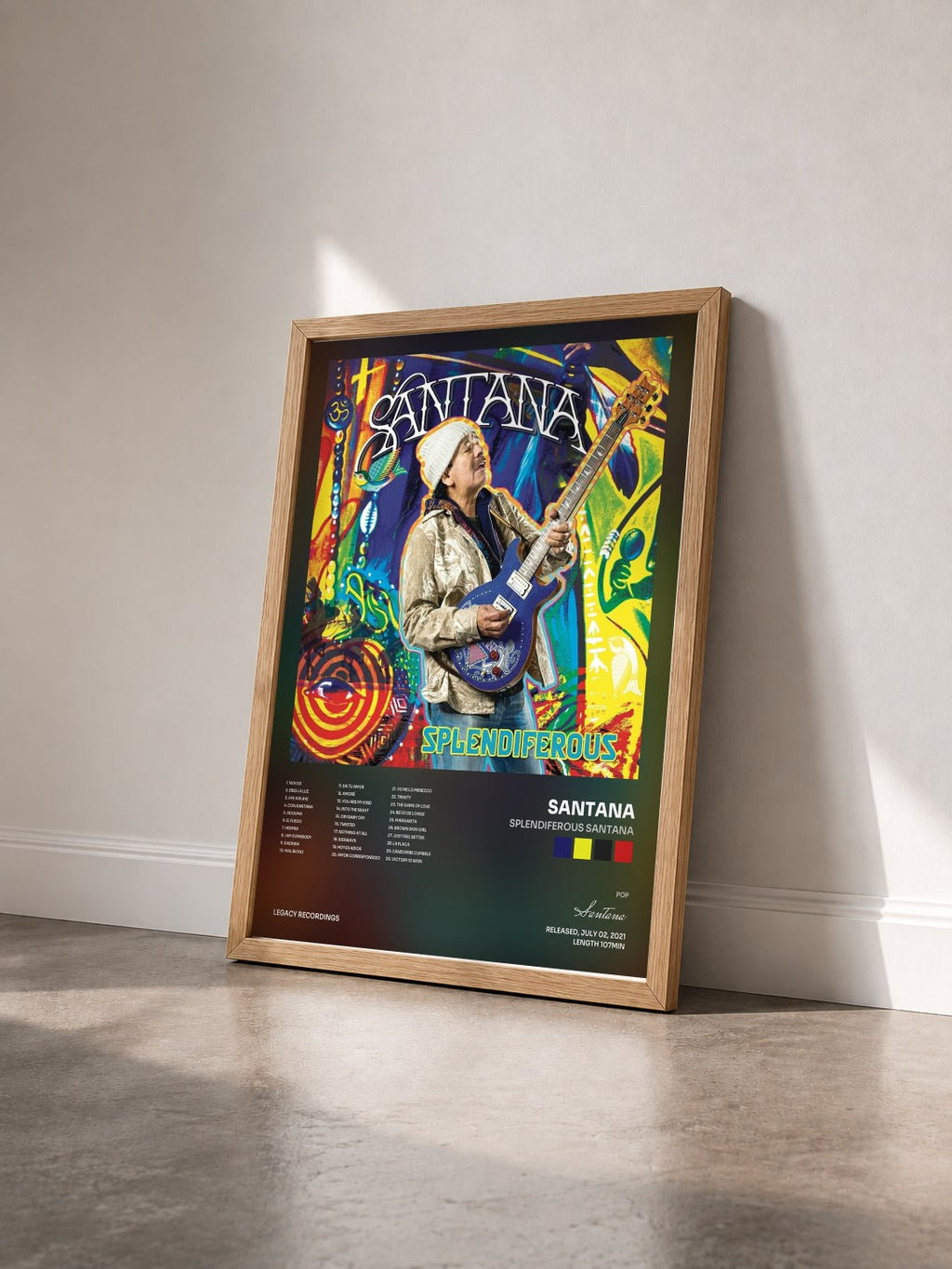#bois Tableau de l'album Splendiferous Santana de Santana vu de trois quarts, cadre en bois brut