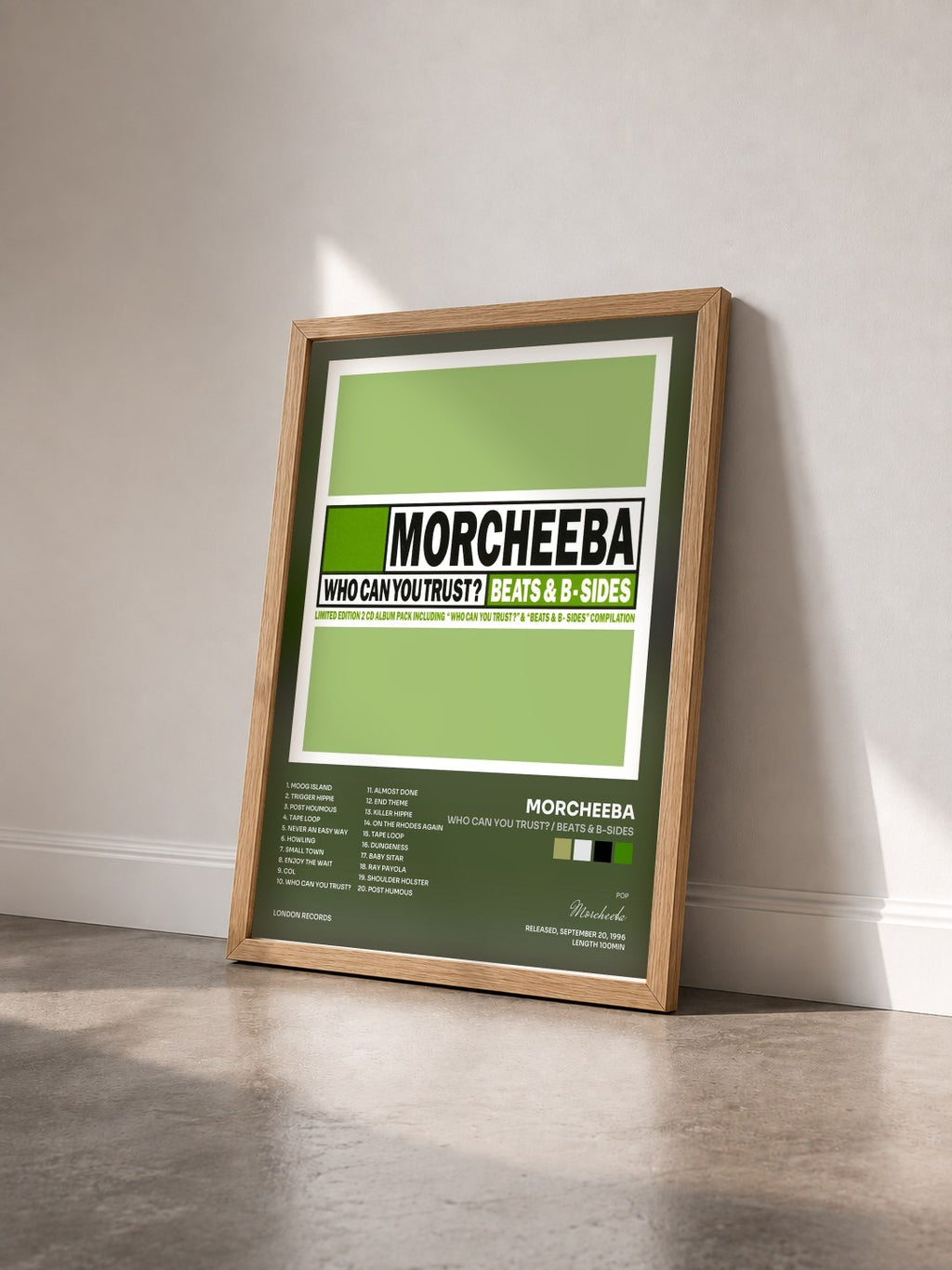 #bois Tableau de l'album Who Can You Trust? / Beats & B-Sides de Morcheeba vu de trois quarts, cadre en bois brut