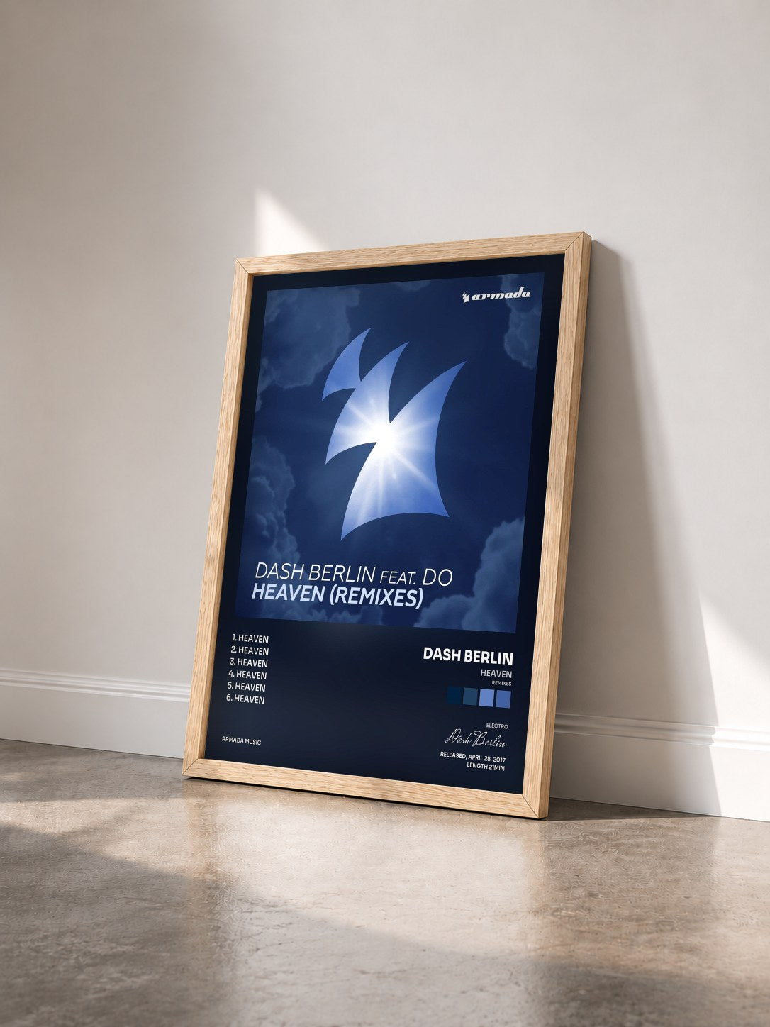 #bois Tableau de l'album Heaven (Remixes) de Dash Berlin vu de trois quarts, cadre en bois brut