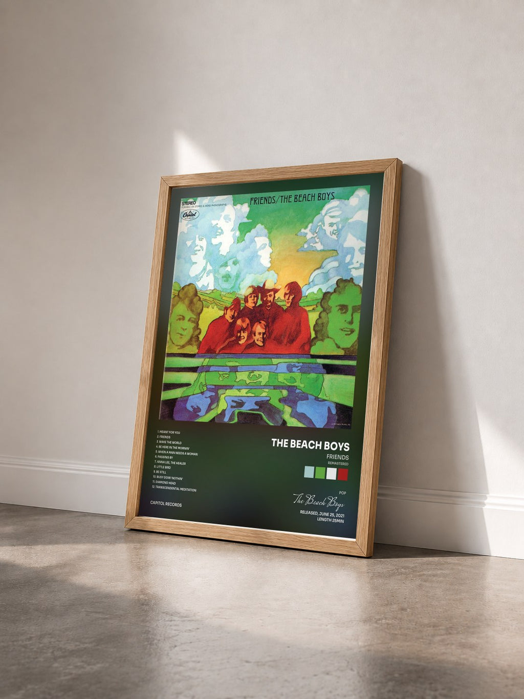 #bois Tableau de l'album Friends (Remastered) de The Beach Boys vu de trois quarts, cadre en bois brut