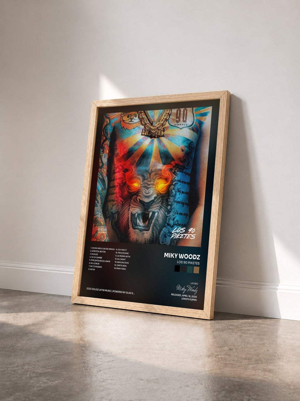 #bois Tableau de l'album Los 90 Piketes de Miky Woodz vu de trois quarts, cadre en bois brut