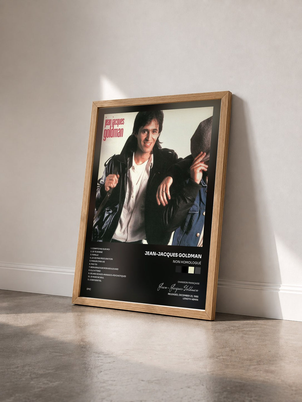#bois Tableau de l'album Non homologué de Jean-Jacques Goldman vu de trois quarts, cadre en bois brut