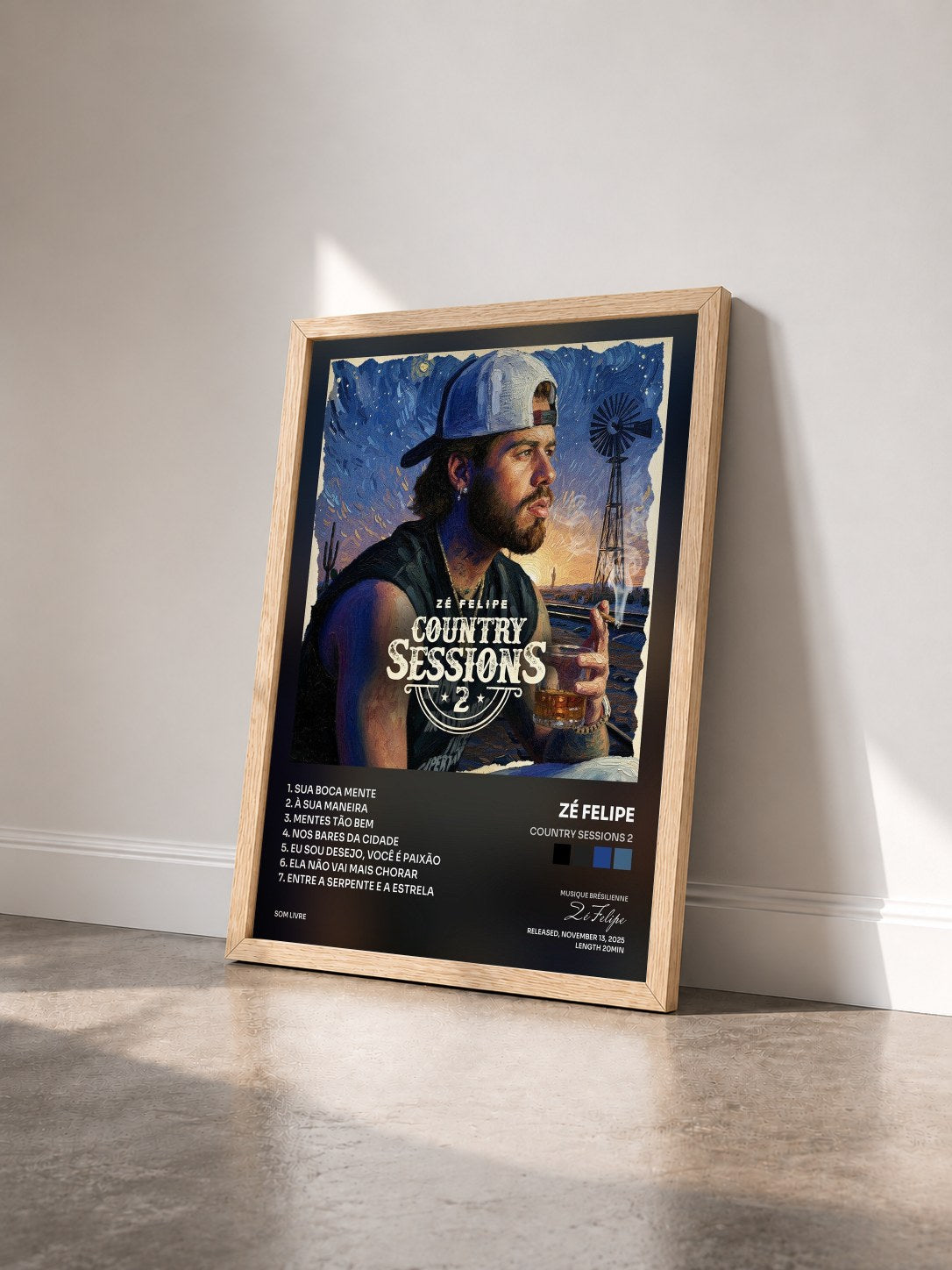 #bois Tableau de l'album Country Sessions 2 de Zé Felipe vu de trois quarts, cadre en bois brut