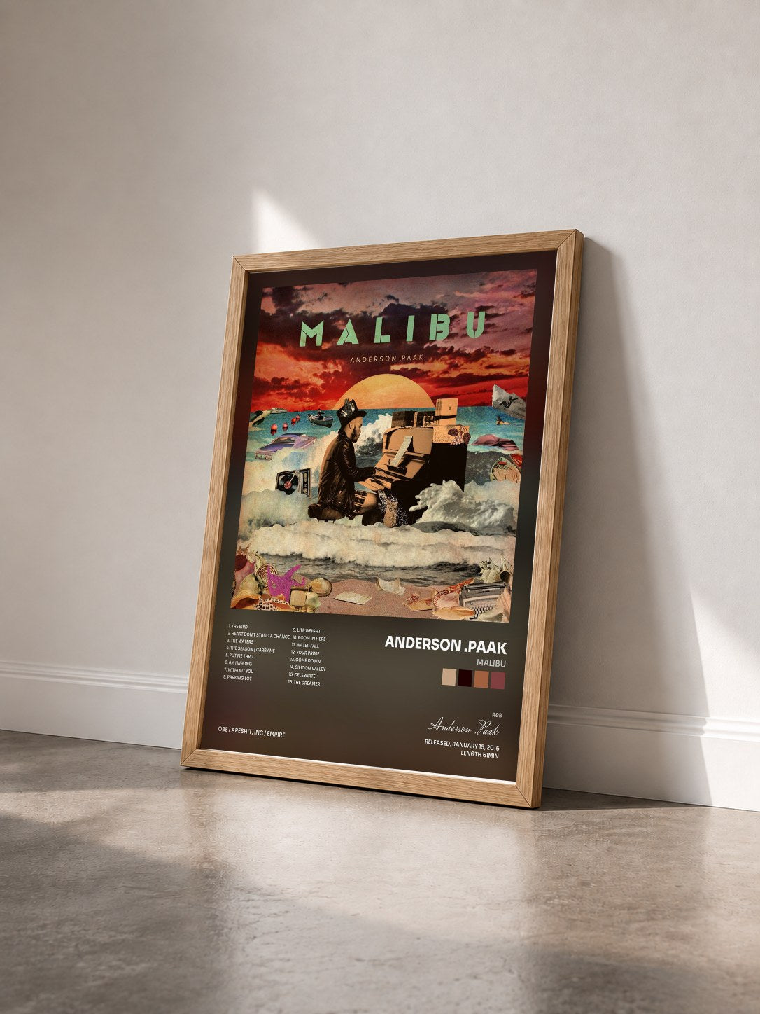 #bois Tableau de l'album Malibu de Anderson .Paak vu de trois quarts, cadre en bois brut