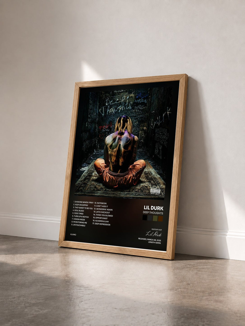 #bois Tableau de l'album Deep Thoughts de Lil Durk vu de trois quarts, cadre en bois brut