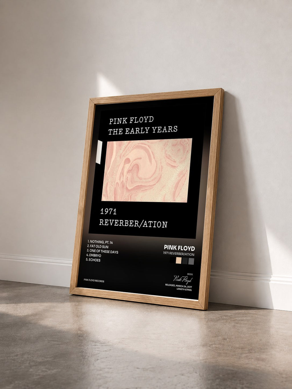 #bois Tableau de l'album 1971 Reverber/ation de Pink Floyd vu de trois quarts, cadre en bois brut