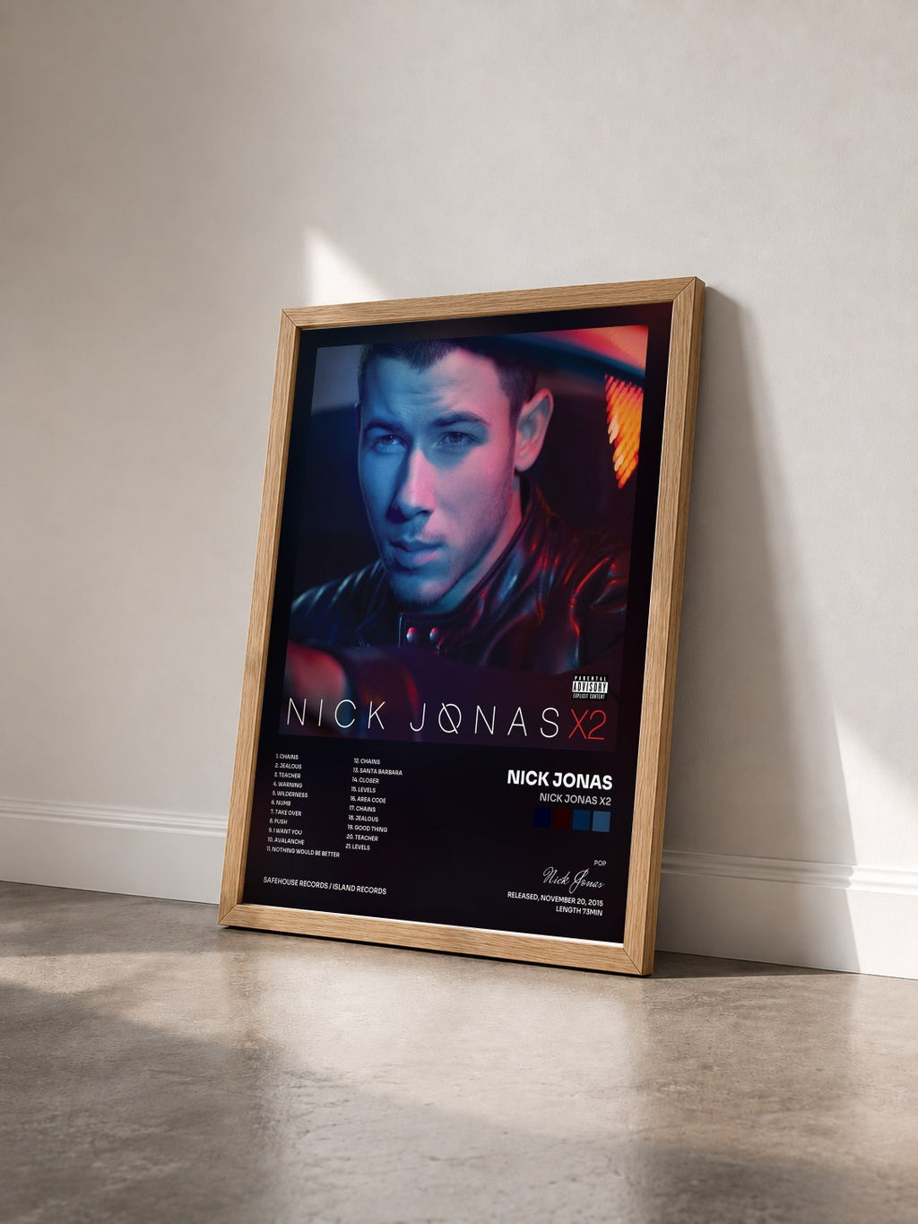 #bois Tableau de l'album Nick Jonas X2 de Nick Jonas vu de trois quarts, cadre en bois brut