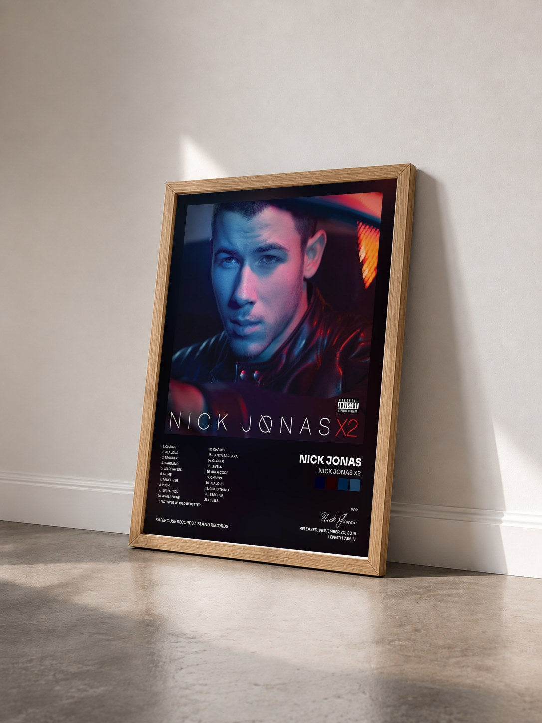 #bois Tableau de l'album Nick Jonas X2 de Nick Jonas vu de trois quarts, cadre en bois brut