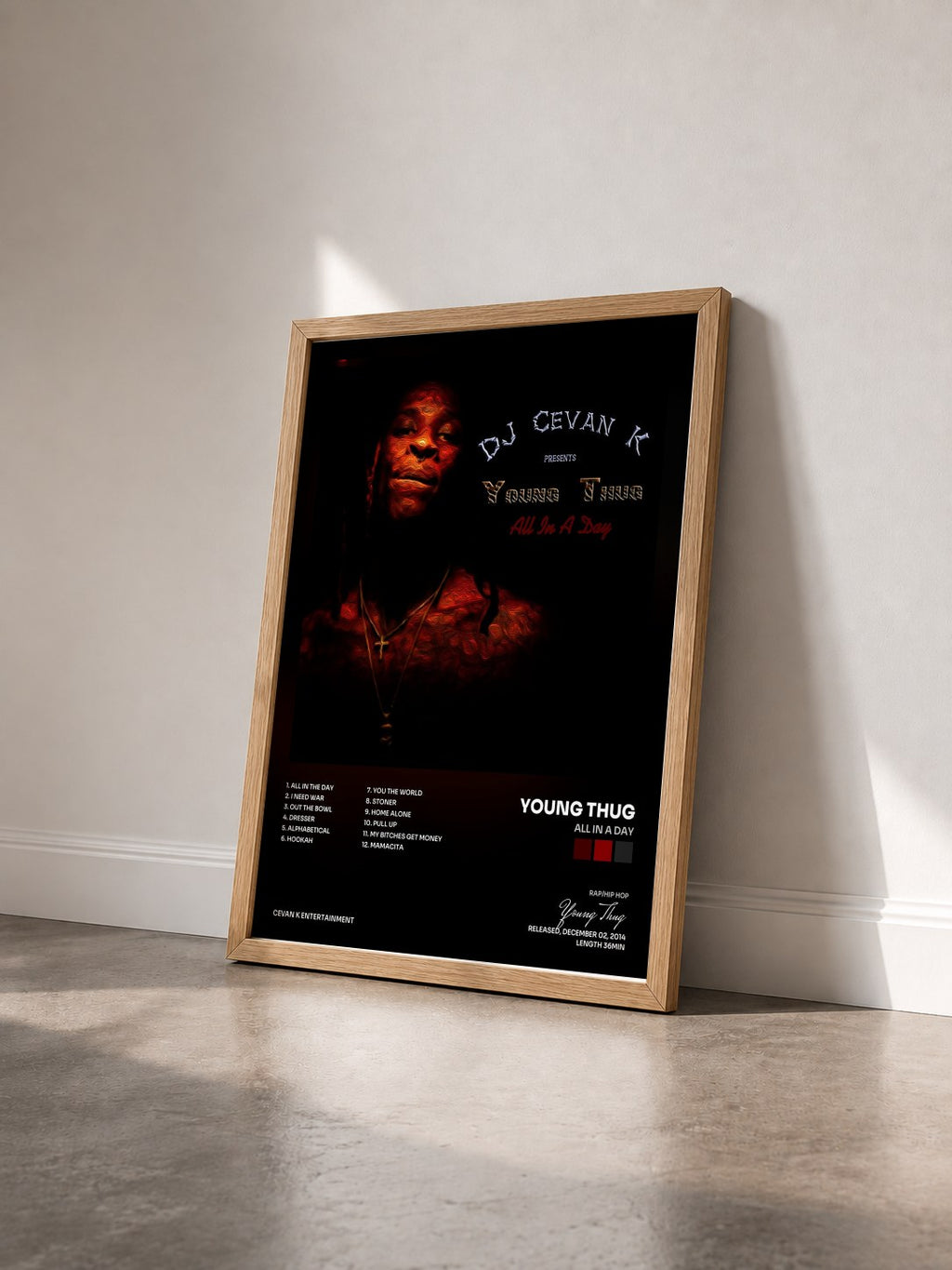#bois Tableau de l'album All in a Day de Young Thug vu de trois quarts, cadre en bois brut