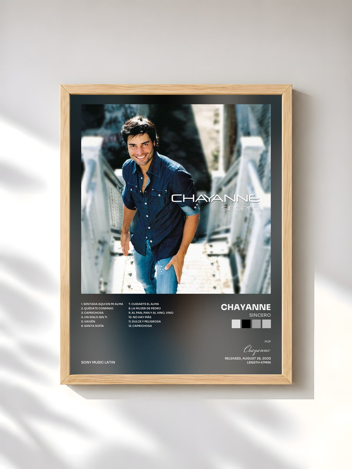 #bois Tableau de l'album Sincero de Chayanne, cadre en bois brut, imprimé et encadré en France