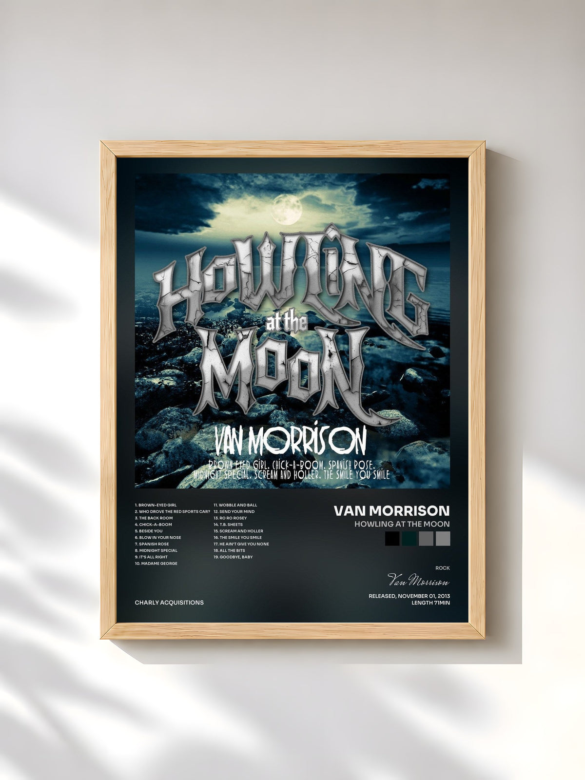 #bois Tableau de l'album Howling at the Moon de Van Morrison, cadre en bois brut, imprimé et encadré en France