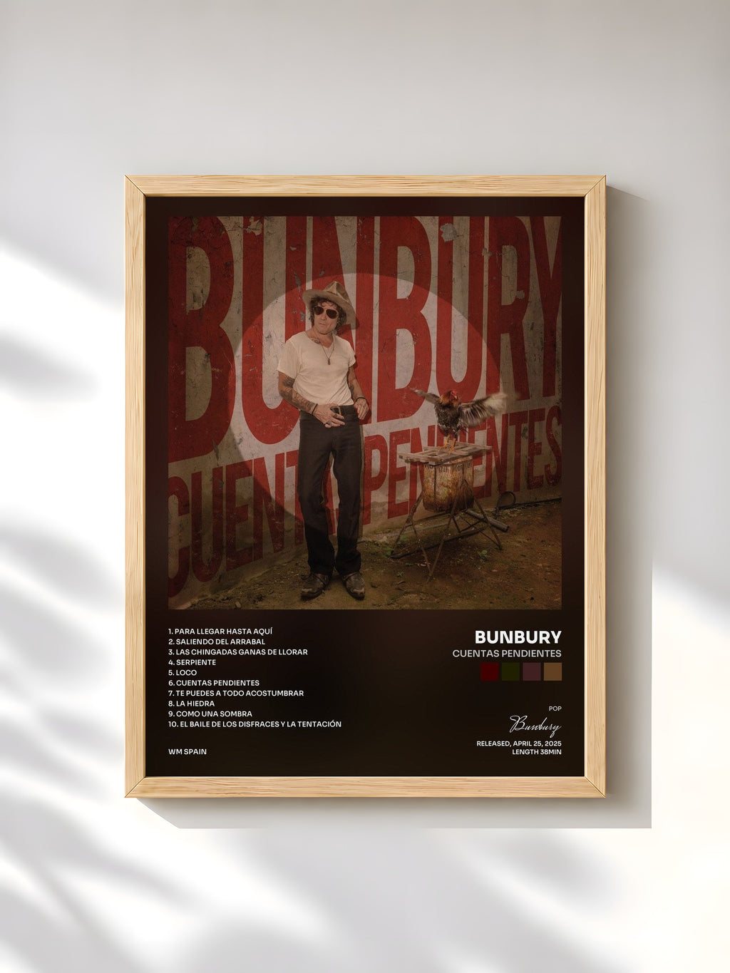 #bois Tableau de l'album Cuentas pendientes de Bunbury, cadre en bois brut, imprimé et encadré en France