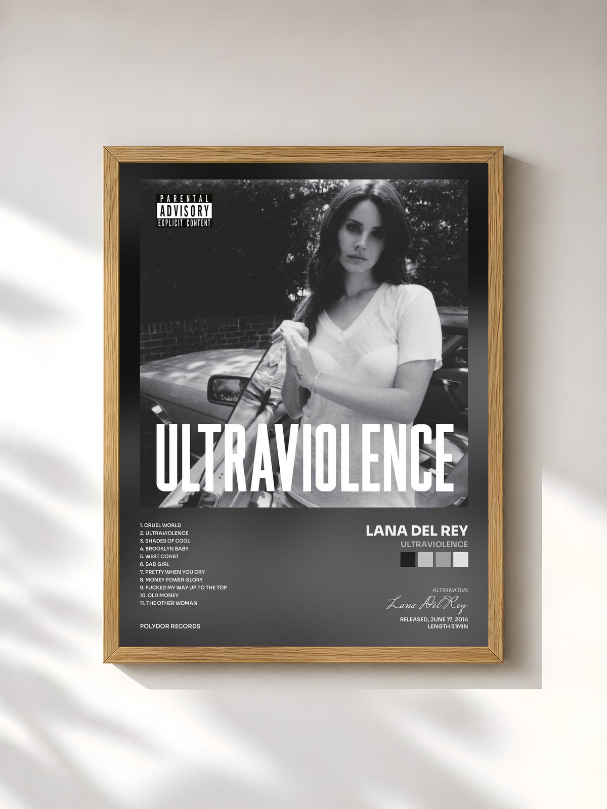 #bois Tableau de l'album Ultraviolence de Lana Del Rey, cadre en bois brut, imprimé et encadré en France
