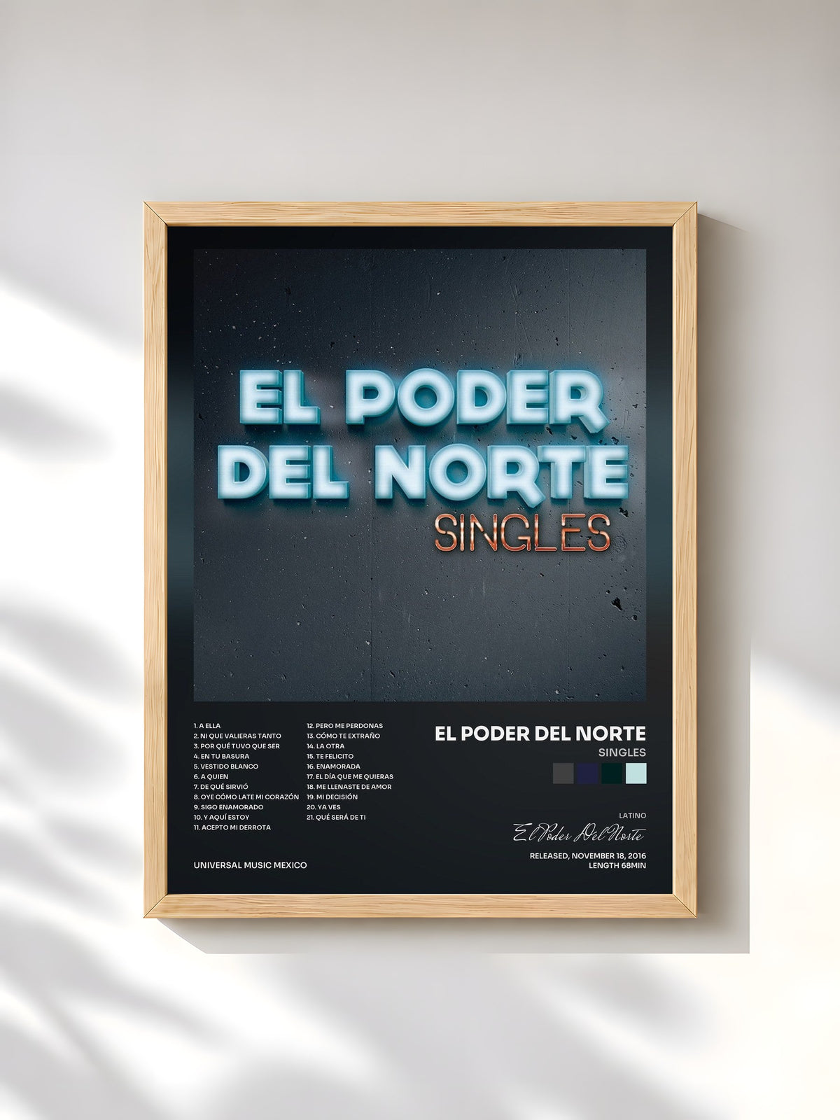 #bois Tableau de l'album Singles de El Poder Del Norte, cadre en bois brut, imprimé et encadré en France