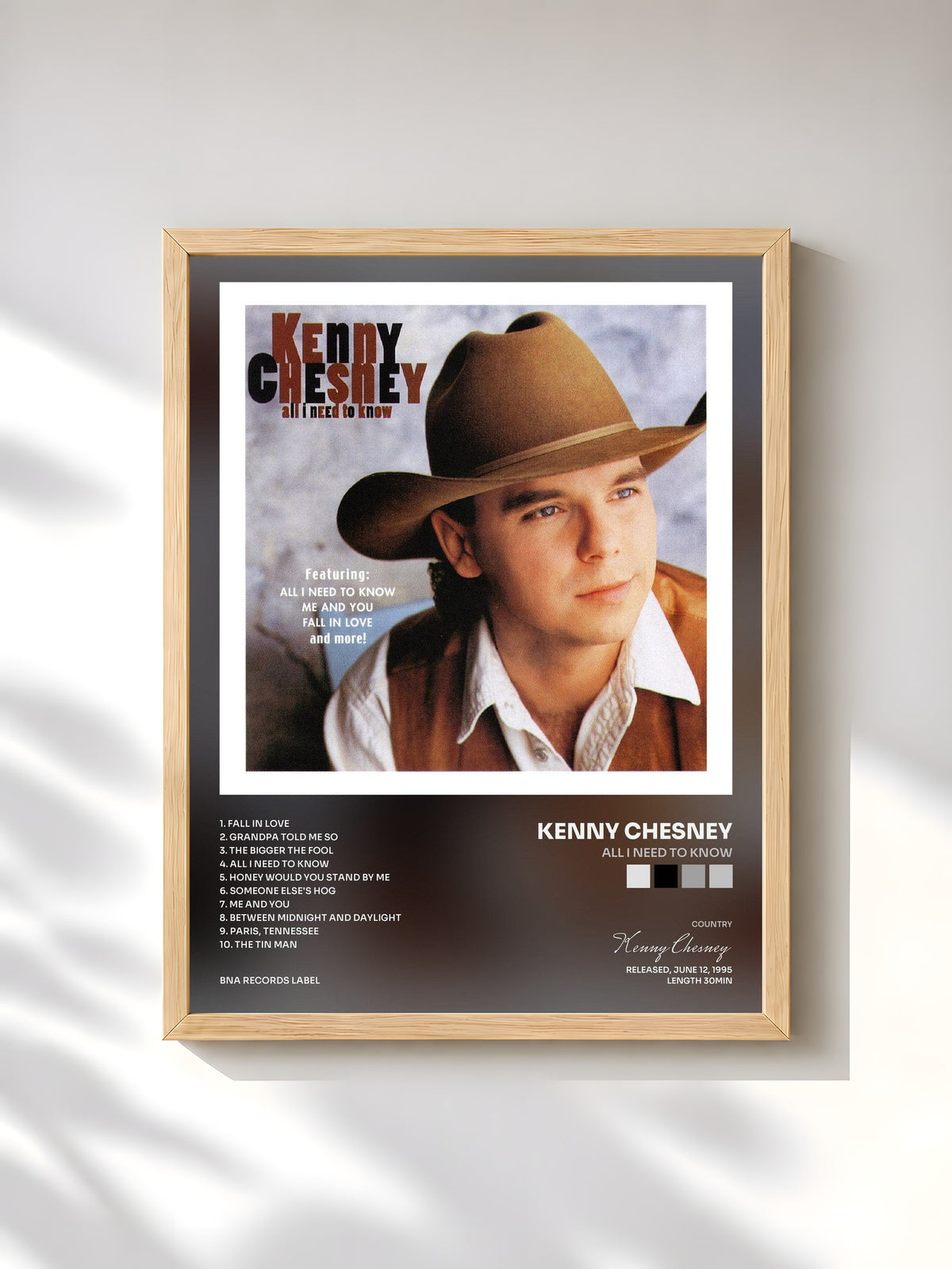 #bois Tableau de l'album All I Need To Know de Kenny Chesney, cadre en bois brut, imprimé et encadré en France