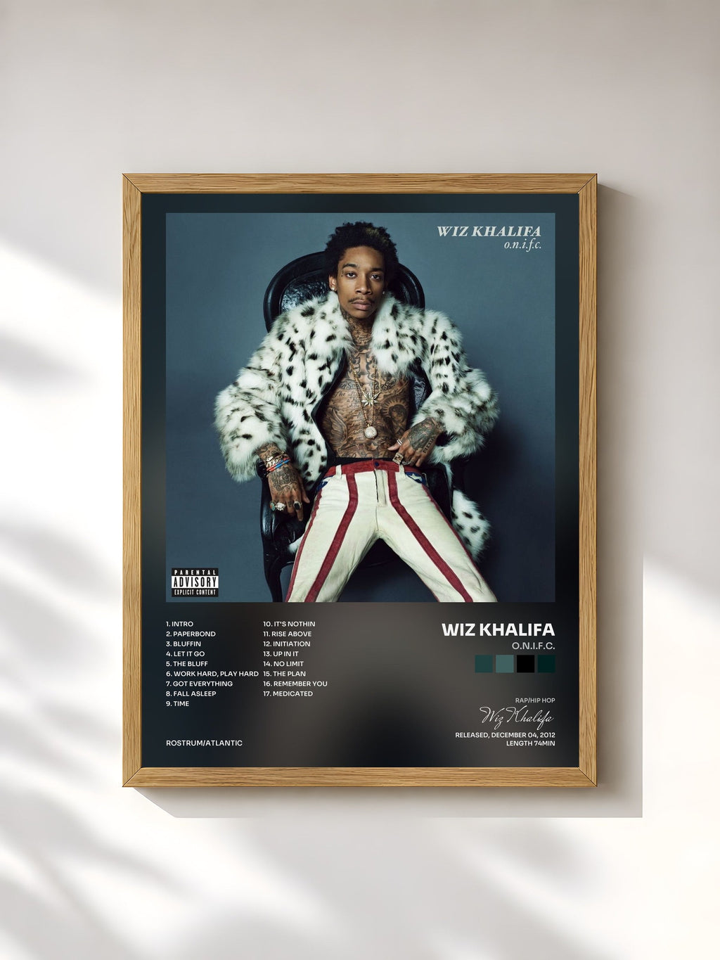 #bois Tableau de l'album O.N.I.F.C. de Wiz Khalifa, cadre en bois brut, imprimé et encadré en France
